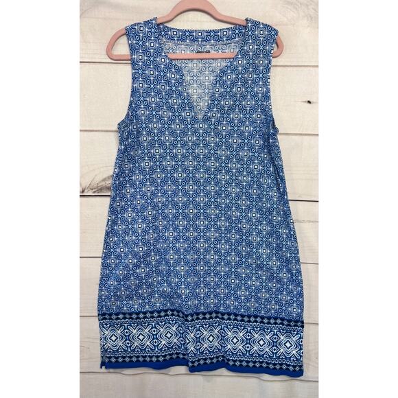 Lands End Dress Size LG Blue White Geometric Print Sleeveless EUC - Picture 1 of 6